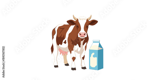Brown and white dairy cow standing next to a carton of fresh milk, illustrating the source of dairy products and farm life concept.