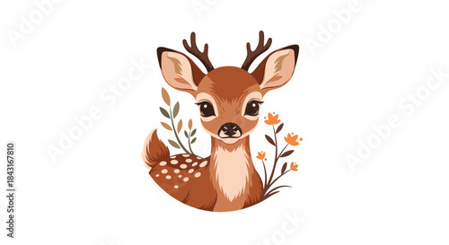 Adorable portrait of a cute baby deer or fawn with big eyes and small antlers, surrounded by delicate leaves and orange flowers.