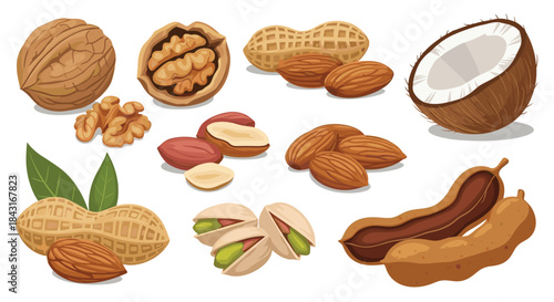 Large collection of assorted nuts, including whole and shelled walnuts, peanuts, almonds, coconut, pistachios, and tamarind pods.
