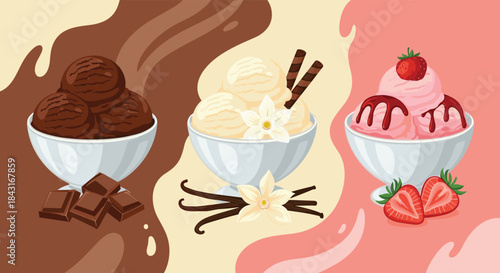 Set of three classic ice cream flavors in bowls: rich chocolate, creamy vanilla with vanilla beans, and sweet strawberry with syrup.