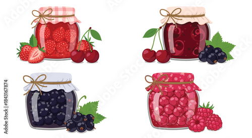 Charming collection of four glass jars filled with homemade berry jam, including strawberry, cherry, blackcurrant, and raspberry preserves.