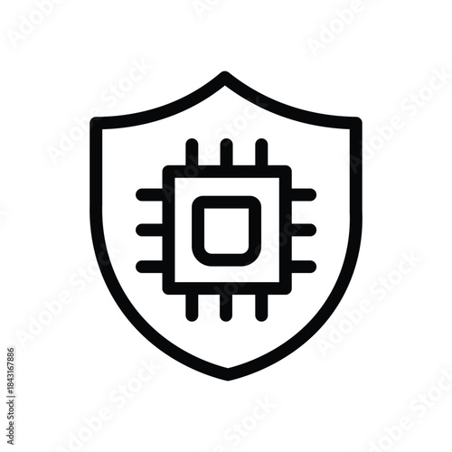 Minimalist shield icon with a microchip symbol inside, data protection, digital security, and safe technology systems