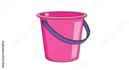 Simple cartoon illustration of a bright pink plastic bucket with a purple handle, commonly used for sand, water, or carrying items.