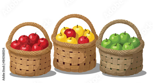 Three rustic wicker baskets filled to the brim with a harvest of fresh, ripe apples in three different colors: red, yellow, and green.