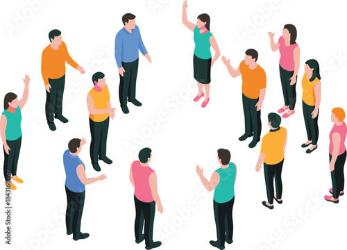 Isometric people discussion illustration, group communication meeting concept, teamwork collaboration scene, diverse community interaction, flat design