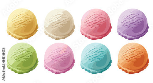 Set of eight colorful and delicious-looking ice cream scoops in a variety of popular flavors like strawberry, chocolate, and pistachio.