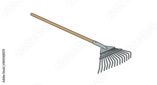 Simple cartoon illustration of a garden rake with a long wooden handle and metal tines, a common tool for gardening and yard work.