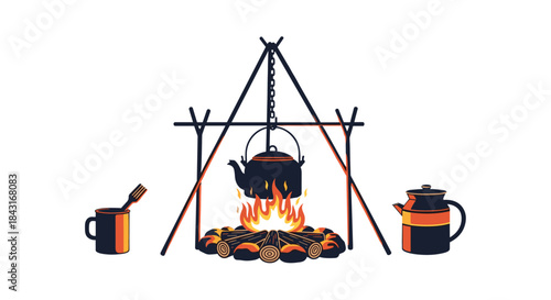 Cozy campfire scene with a black kettle hanging over the fire, a mug, and a coffee pot, illustrating camping, hiking, and outdoor adventure.