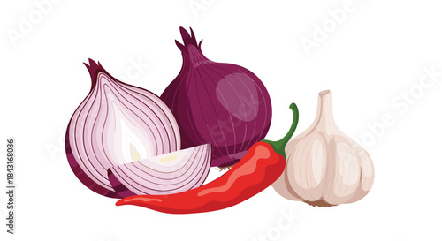 Composition of fresh and pungent vegetables, including whole and sliced red onions, a whole garlic bulb, and a bright red chili pepper.