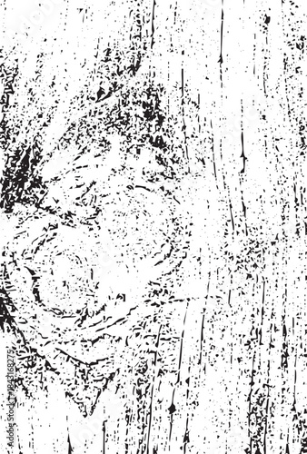Abstract black and white grunge wood texture with a prominent knot detail