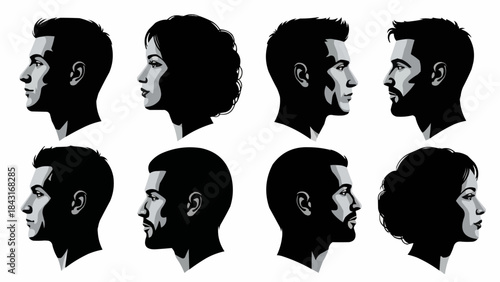 Collection of Diverse Human Profile Silhouettes in Black and White.
