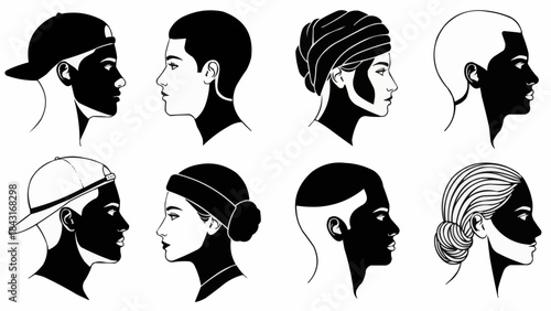 Diverse human profiles in black and white illustration style.