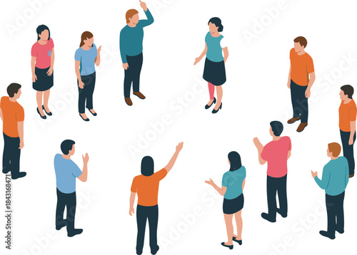 Isometric people discussion illustration, group communication meeting concept, teamwork collaboration scene, diverse community interaction, flat design