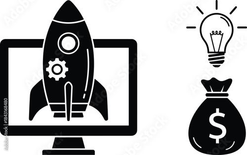 Business start-up black silhouette icons set, featuring rocket launch on computer screen, lightbulb idea, money bag funding, and fast project development vector illustration.