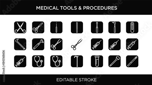 Collection of medical tools and surgical procedures black silhouette icons set, featuring scissors, syringes, stethoscope, scalpels, and forceps for healthcare and treatment vector.