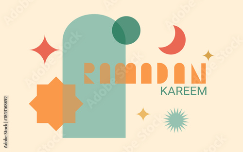 Ramadan design in simple and modern style with colourful geometric shape. Ramadan greetings for postcards, banner, or poster
