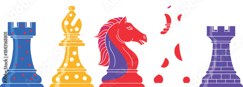 Colorful, stylized, and fragmented chess pieces vector illustration set, featuring rooks, bishop, and knight, symbolizing strategy, competition, intelligence, and game success.