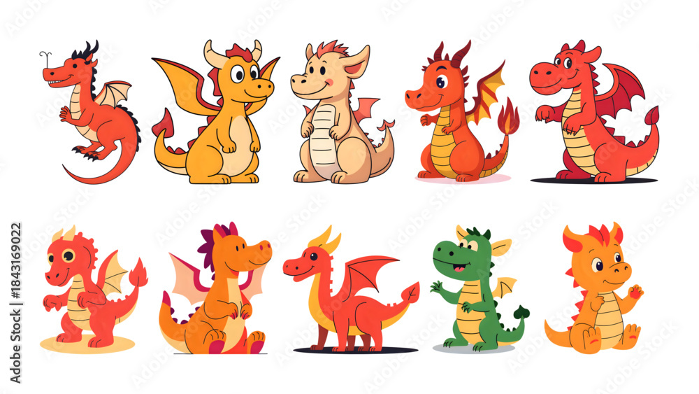 Obraz premium vector set of dragon cartoon illustration
