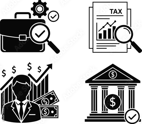 Financial and business auditing black silhouette icons set, featuring tax document analysis, investment growth, bank building, and briefcase security check vector.