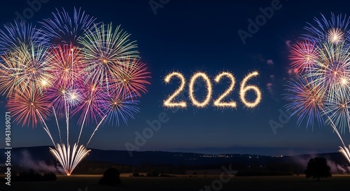 Dazzling fireworks illuminate the night sky, heralding the exciting arrival of the year 2026 with vibrant explosions