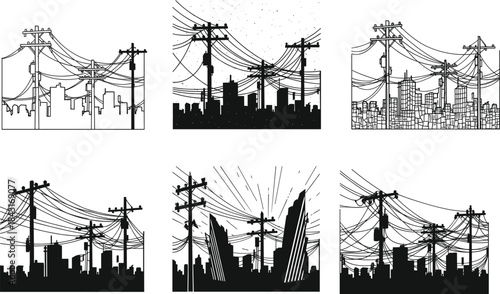 Urban city skyline silhouette with heavy power lines and utility poles, detailed electrical wire network illustration, industrial cityscape vector design