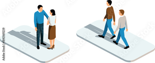 Isometric people interaction illustration, social communication and walking concept, human relationships comparison, minimal flat design style