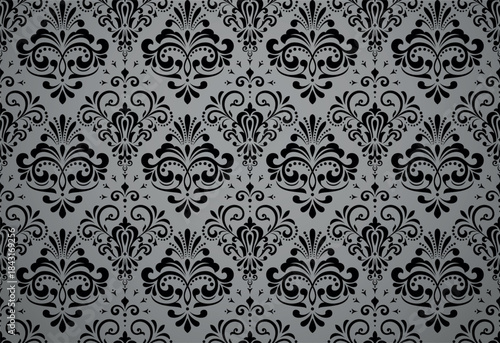 Wallpaper in the style of Baroque. White and black floral ornament. Seamless vector background. Graphic pattern for fabric, wallpaper, packaging. Ornate Damask flower illustration.