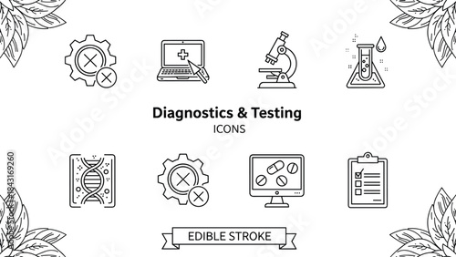 Medical diagnostics and laboratory testing line icons set, featuring DNA, microscope, pills on screen, and checklist, symbolizing research, analysis, and healthcare vector.
