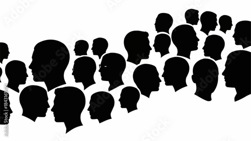 Silhouettes of diverse people heads in profile view creating a crowd effect.