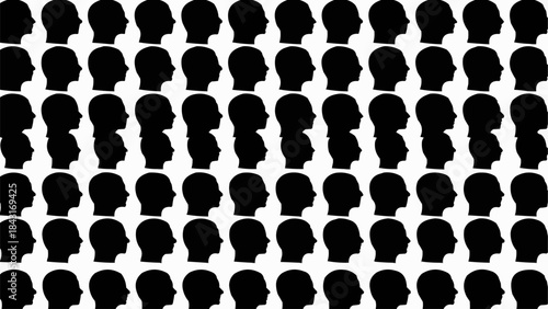 A multitude of human head silhouettes facing right in a grid pattern.