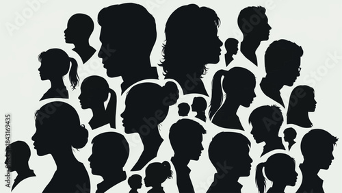 Diverse group of people silhouettes in profile view.
