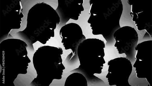 Multiple Silhouettes of People with Glowing Eyes in a Dramatic Composition.