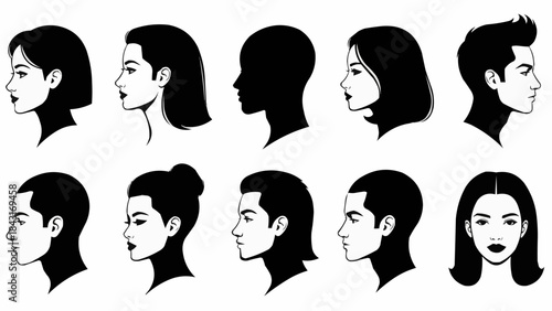 Collection of Diverse Human Silhouettes and Profiles in Black and White.