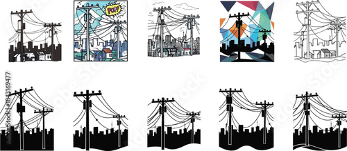 Urban city skyline with utility poles and power lines in multiple artistic styles, detailed vector illustration showing electrical infrastructure and metropolitan landscape