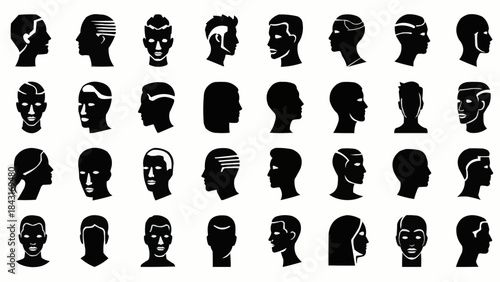Collection of Diverse Human Head Silhouettes in Profile and Frontal Views.