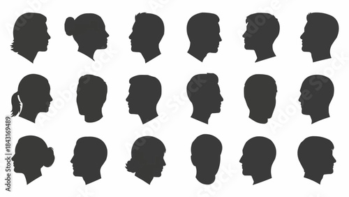Collection of Diverse Human Head Silhouettes in Profile View.