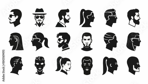 Collection of Diverse Human Profile Silhouettes Representing Various Styles and Genders.