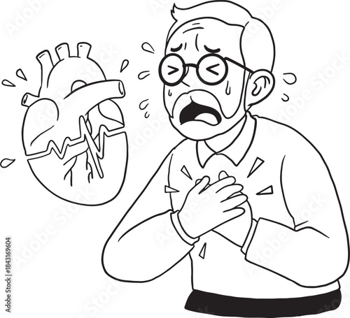 Middle-aged man experiencing severe chest pain and clutching his heart, with a cracked heart graphic symbol. Hand-drawn line art illustration for health, medical, or warning designs related to a heart