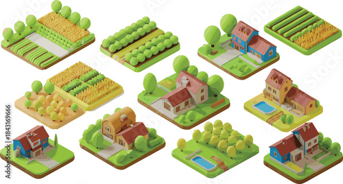 Isometric 3D farm and village elements set, agricultural fields houses illustration, rural countryside landscape, sustainable farming concept
