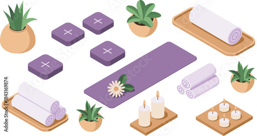 Isometric spa wellness elements illustration, yoga mat towels candles plants set, relaxation self care concept, beauty therapy design