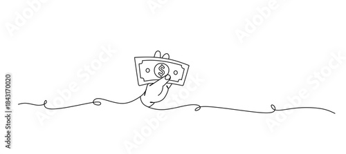 Continuous line Hand holding dollar banknotes, investment concept, halftone collage. Vector illustration for finance, economy, or business themes.