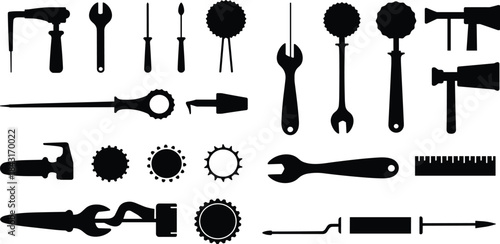 “Silhouette collection of mechanical, dental, industrial, and culinary tools, isolated vector icons set for education, design, repair, engineering”“Silhouette collection of mechanical, 