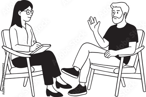 Therapy session with a female psychologist or counselor interviewing a male patient or client. The therapist is taking notes while the man is sitting in a chair and gesturing. Hand-drawn.