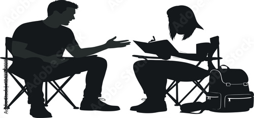 Silhouette illustration of two people sitting on foldable chairs, conversation interview counseling session, outdoor travel education teamwork vector 
