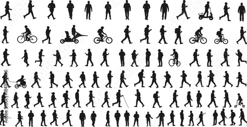 Silhouette people walking, running, cycling, pushing strollers, scooters, urban lifestyle activities, diverse human motion, interaction, fitness, recreation vector 