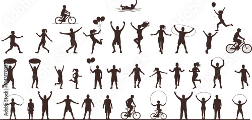 Silhouette people in motion, cycling, running, swimming, dancing, jumping rope, fitness recreation, balloons celebration, dynamic lifestyle vector illustration designSilhouette people in 