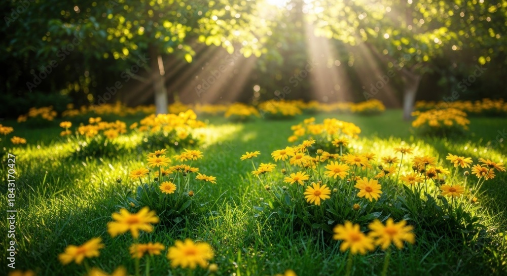 Obraz premium A vibrant garden scene with yellow flowers and sunlight filtering through the trees.