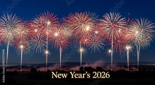 Brilliant Pyrotechnic Display Illuminating the Night Sky with Festive Bursts, Evoking Celebration and New Hope