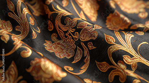 Luxurious dark fabric with intricate golden and red floral motifs, draped elegantly to reveal an opulent textile design, evoking timeless grandeur and sophisticated beauty