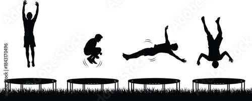 Trampoline backflip, silhouette sequence, gymnastic motion, athletic pose, grassy ground, dynamic movement, black vector, flip stages, outdoor activity, sports, energy